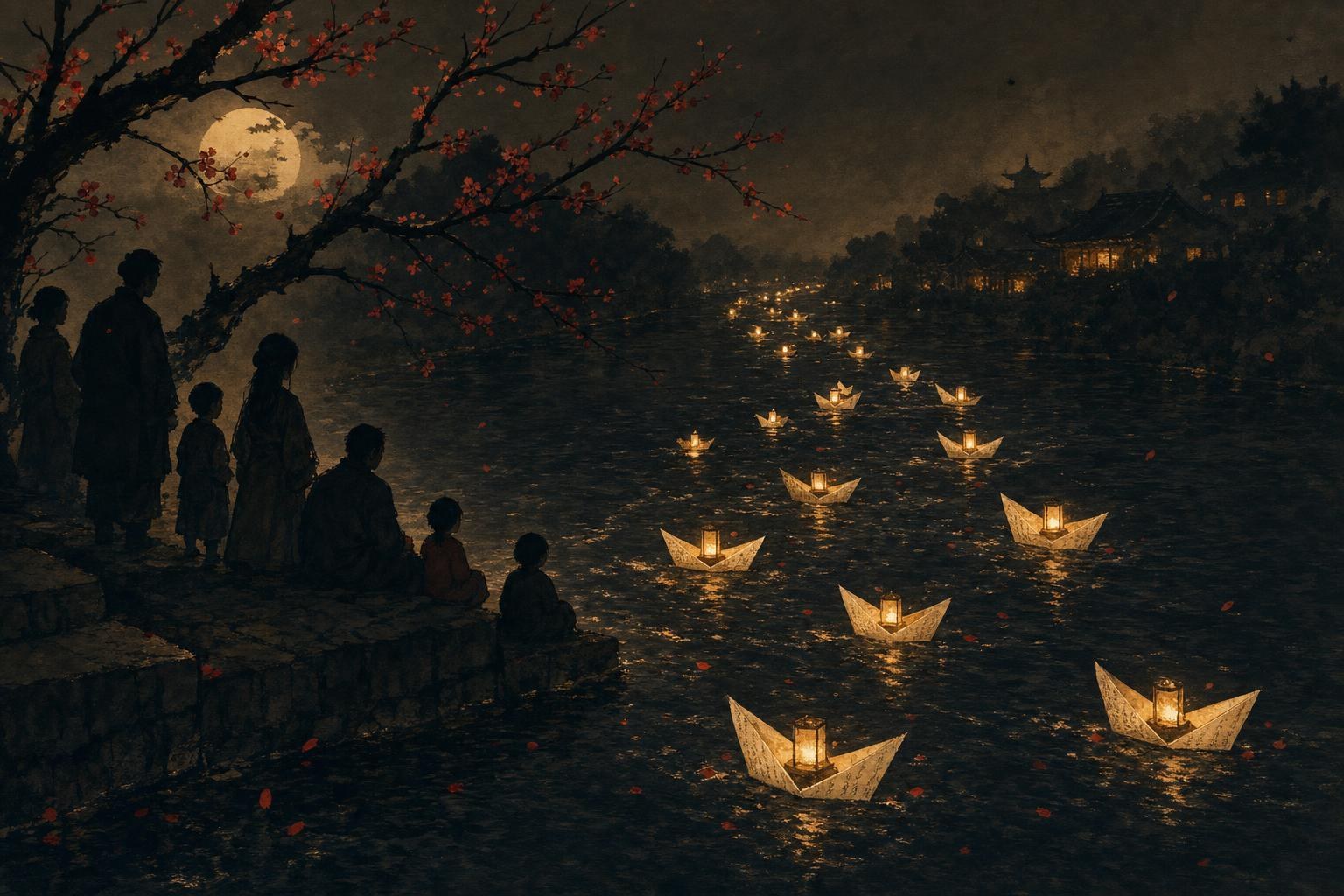 Paper boats folded from book pages drifting down a lantern-lit river, representing Chinese short stories for learners