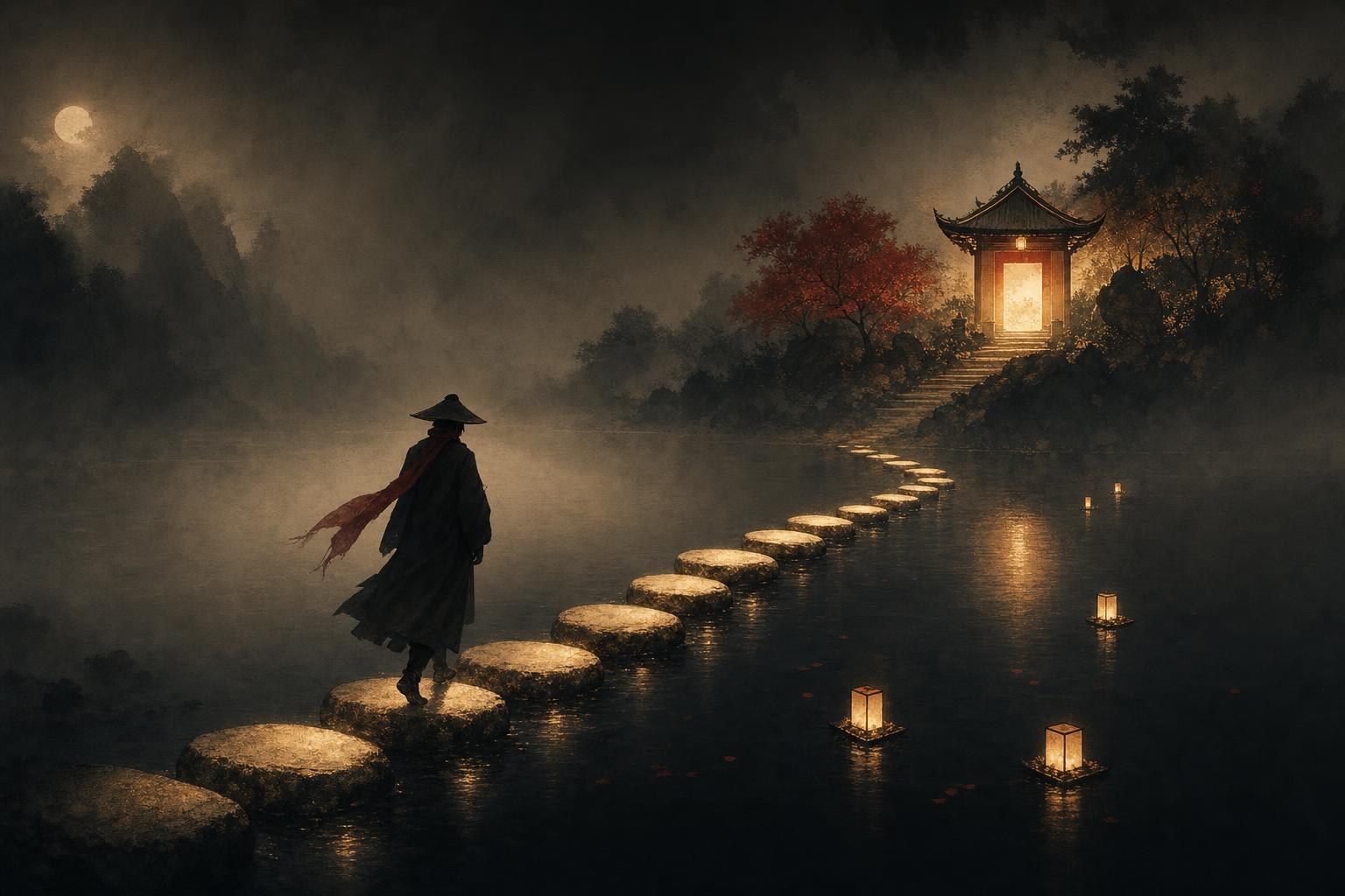 A traveler crossing glowing stepping stones over a river at night, a roadmap for how to read Chinese