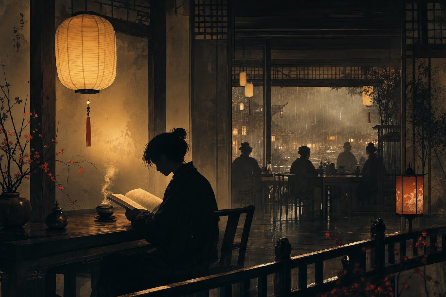 A reader in a lantern-lit teahouse corner with steam rising from a tea bowl, a scene from HSK 3 reading practice