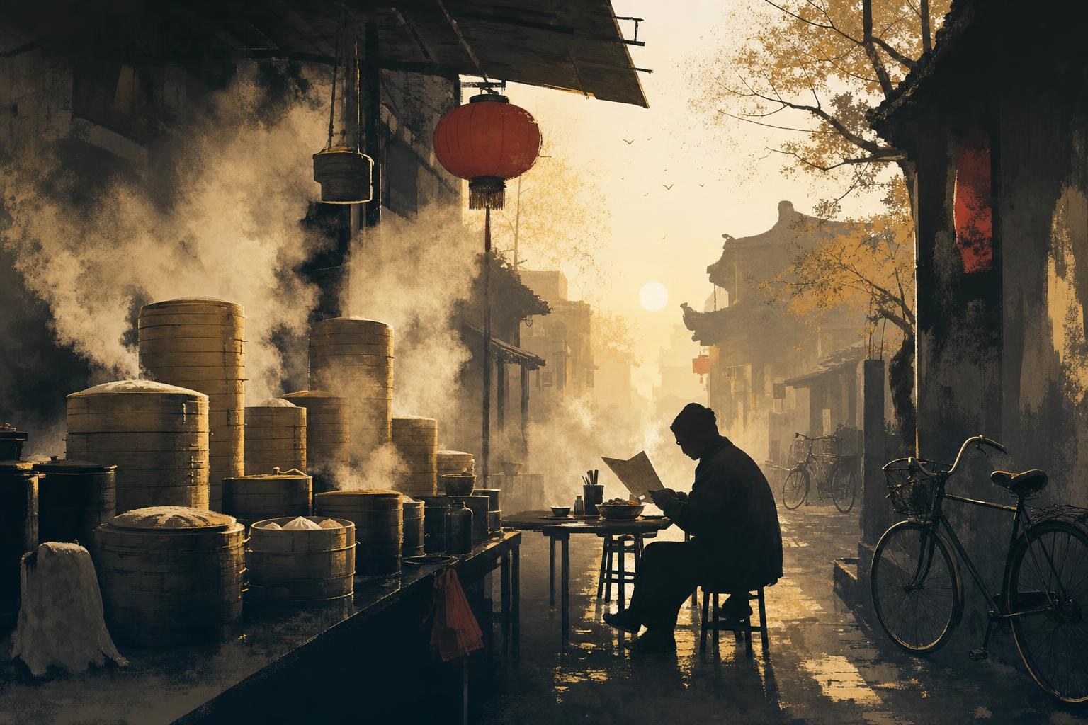 A dawn breakfast street with steaming bamboo baskets and a reading figure, a scene for HSK 4 reading practice
