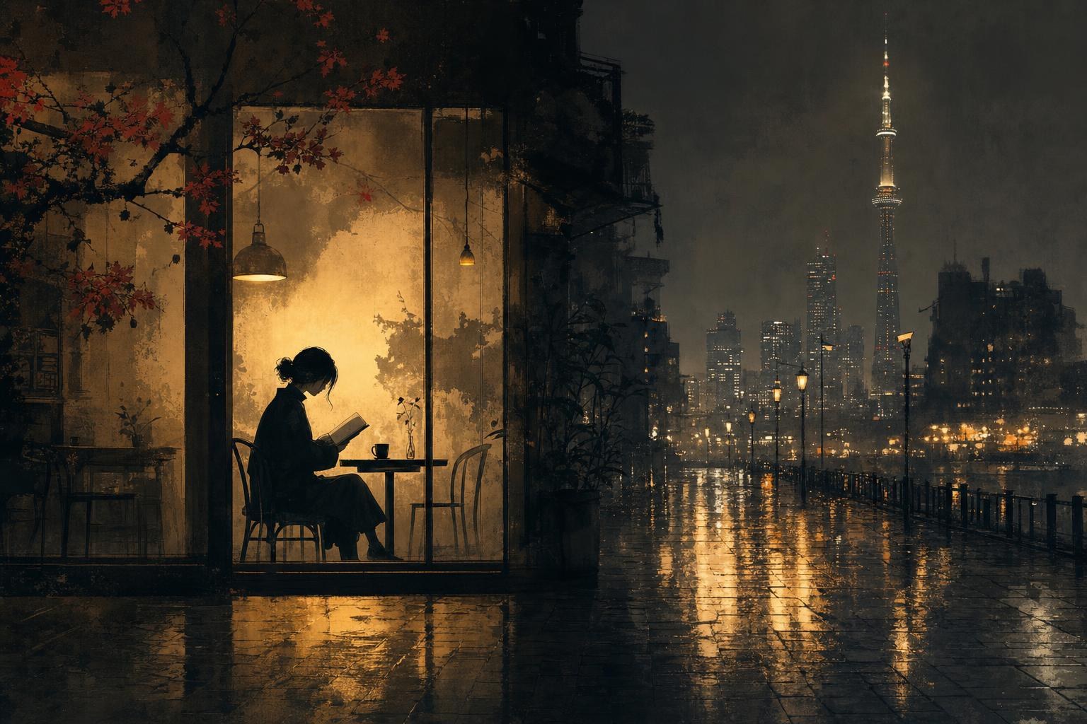 A night cafe window with a silhouetted reader and city lights, a scene for HSK 5 reading practice
