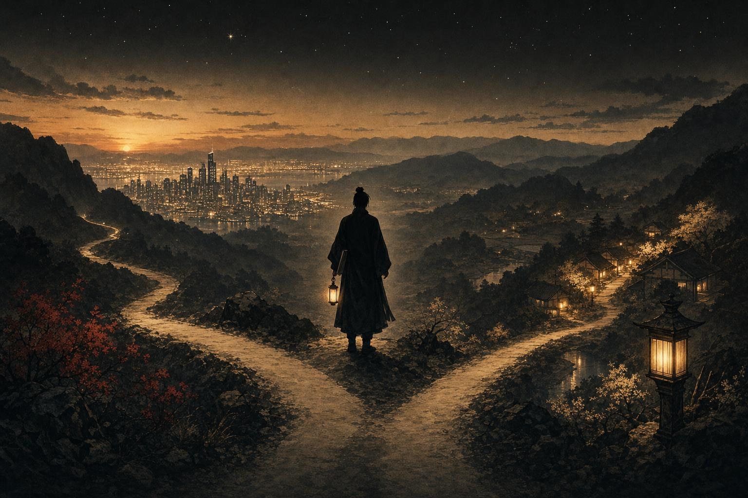A figure with a lantern at a mountain crossroads between city lights and a village, a scene for HSK 6 reading practice
